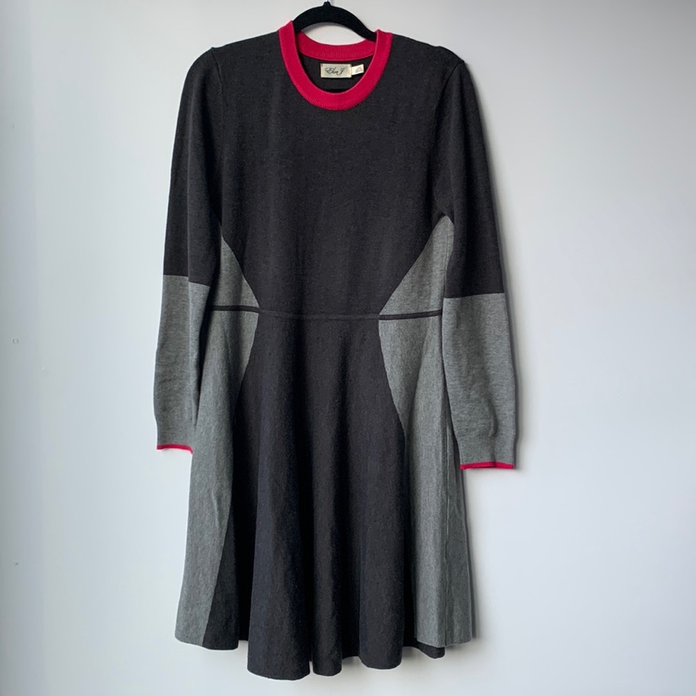 Eliza J Sweater Dress Colorblock Grey and Pink Skater Skirt Long Sleeves Large